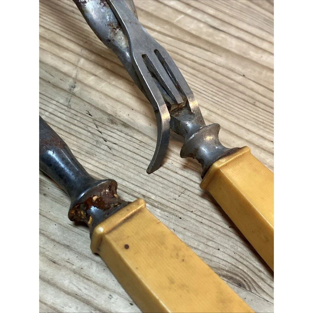 Antique VTG Bakelite Lot Carving Knife Fork Butterscotch Gold Plus Just A handle